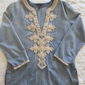 J. Crew Light Blue Denim Tunic with Cream Embroidery